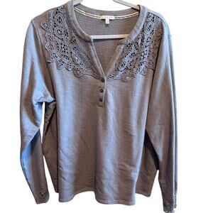 Kate & Sam Gray Long Sleeve 3 Button V-Neck Lace Top Shirt Sz XXL